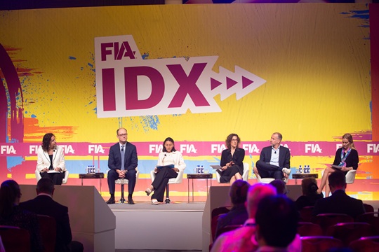 Clearing members discuss market volatility and margin requirements on a panel at the International Derivatives Expo on 18 June. From left to right on stage sits Jackie Mesa of FIA, Anthony Attia of Euronext, Maylis Dubarry of Societe Generale Helen Gordon of J.P. Morgan, Matthias Graulich of Eurex and Hester Serafini of ICE Clear Europe