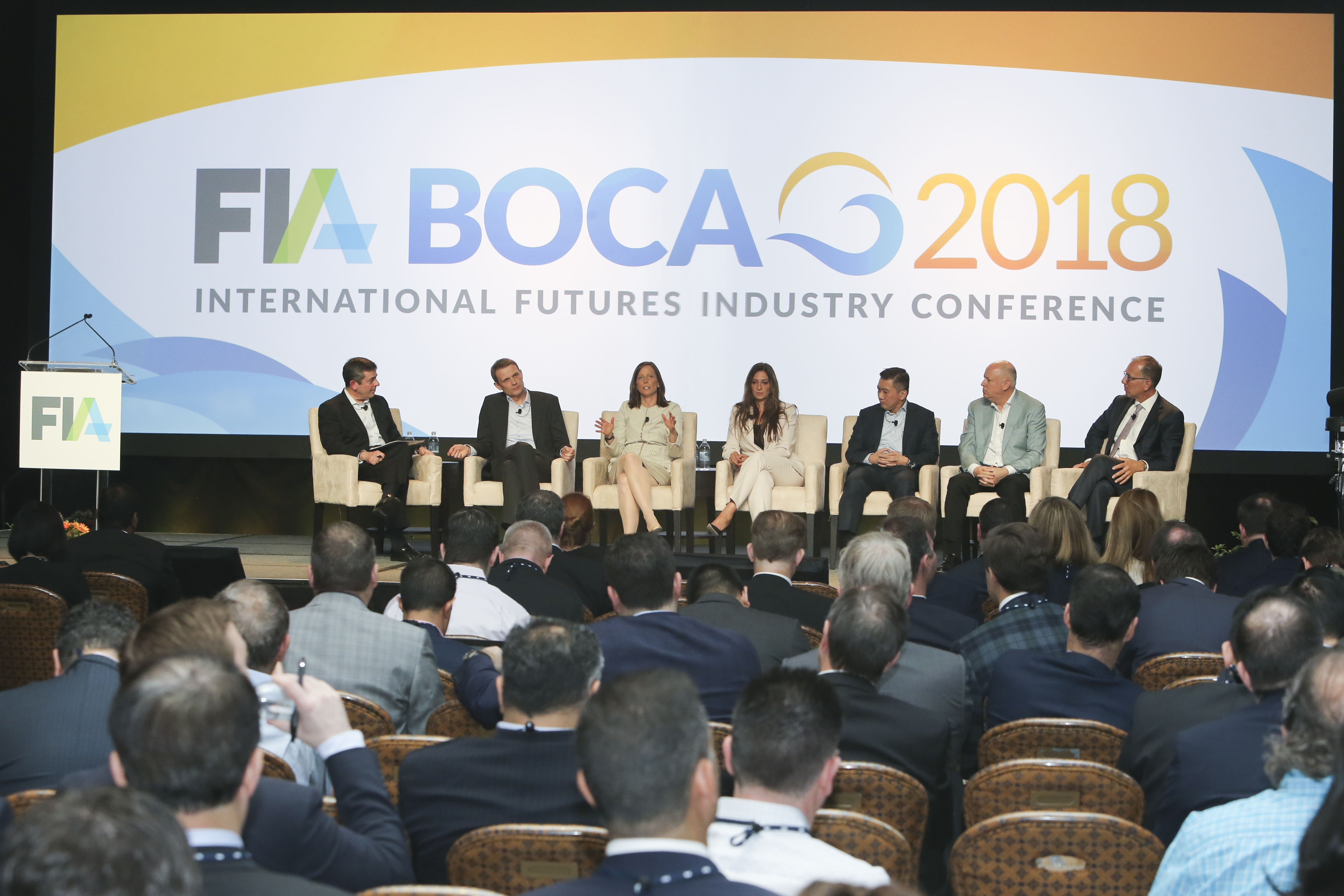 Ed Pla of UBS moderates the exchange leaders panel with Thomas Book of Eurex, Adena Friedman of Nasdaq, Julie Holzrichter of CME, Loh Boon Chye of SGX, Jeff Sprecher of ICE and Ed Tilly of Cboe. 